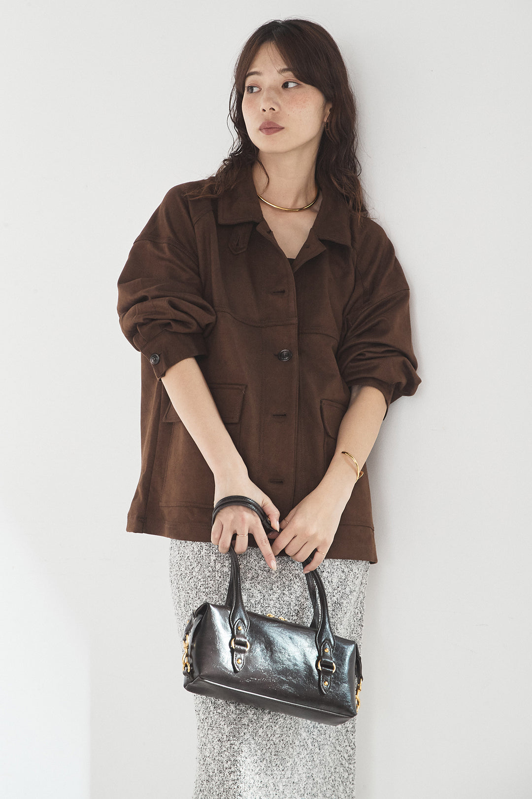 [SET]デカポケスエポンジャケット+ツイード風MIXスラブスカート(2set)