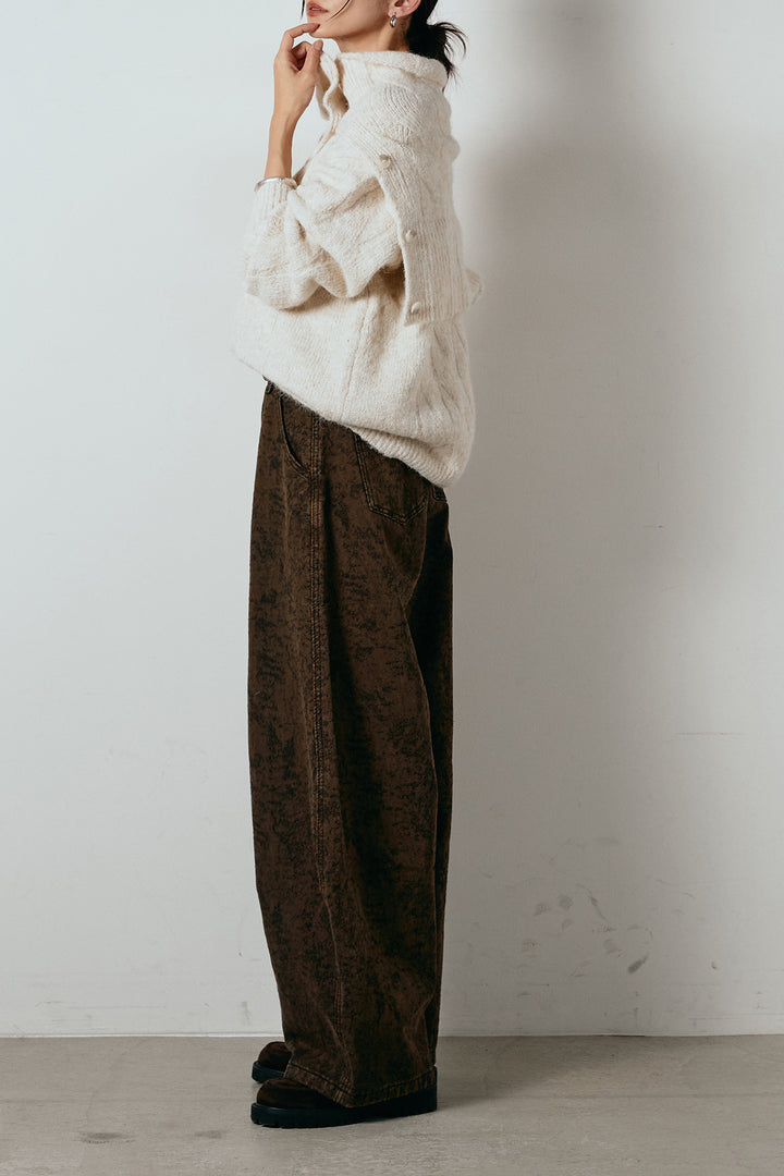 [SET]ケープデザインケーブルニットトップス+ベルト付きニュアンス柄カーブワイドパンツ(2set)