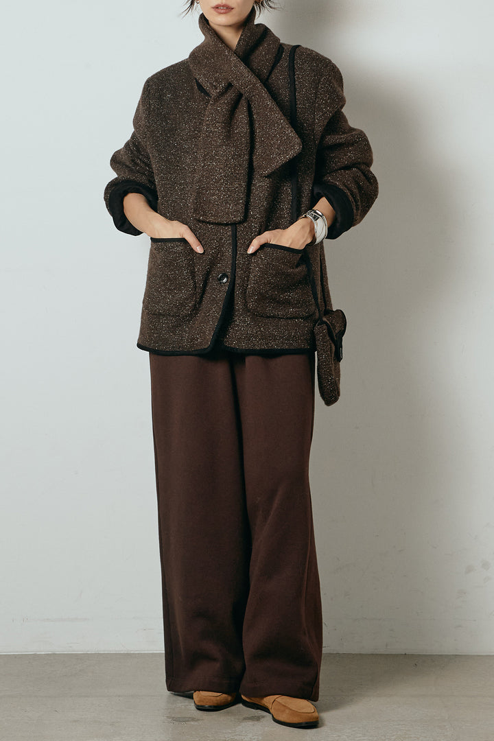 [SET]ノーカラーマフラーバッグ付きアウター+裏起毛スウェットワイドパンツ(2set)