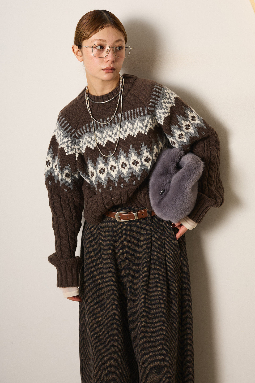 [SET]2WAY求心柄ジャガードショートカーディガン+起毛タック入りツイードワイドパンツ+2WAY袖コード刺繍クルーネックプルオーバー(3set)