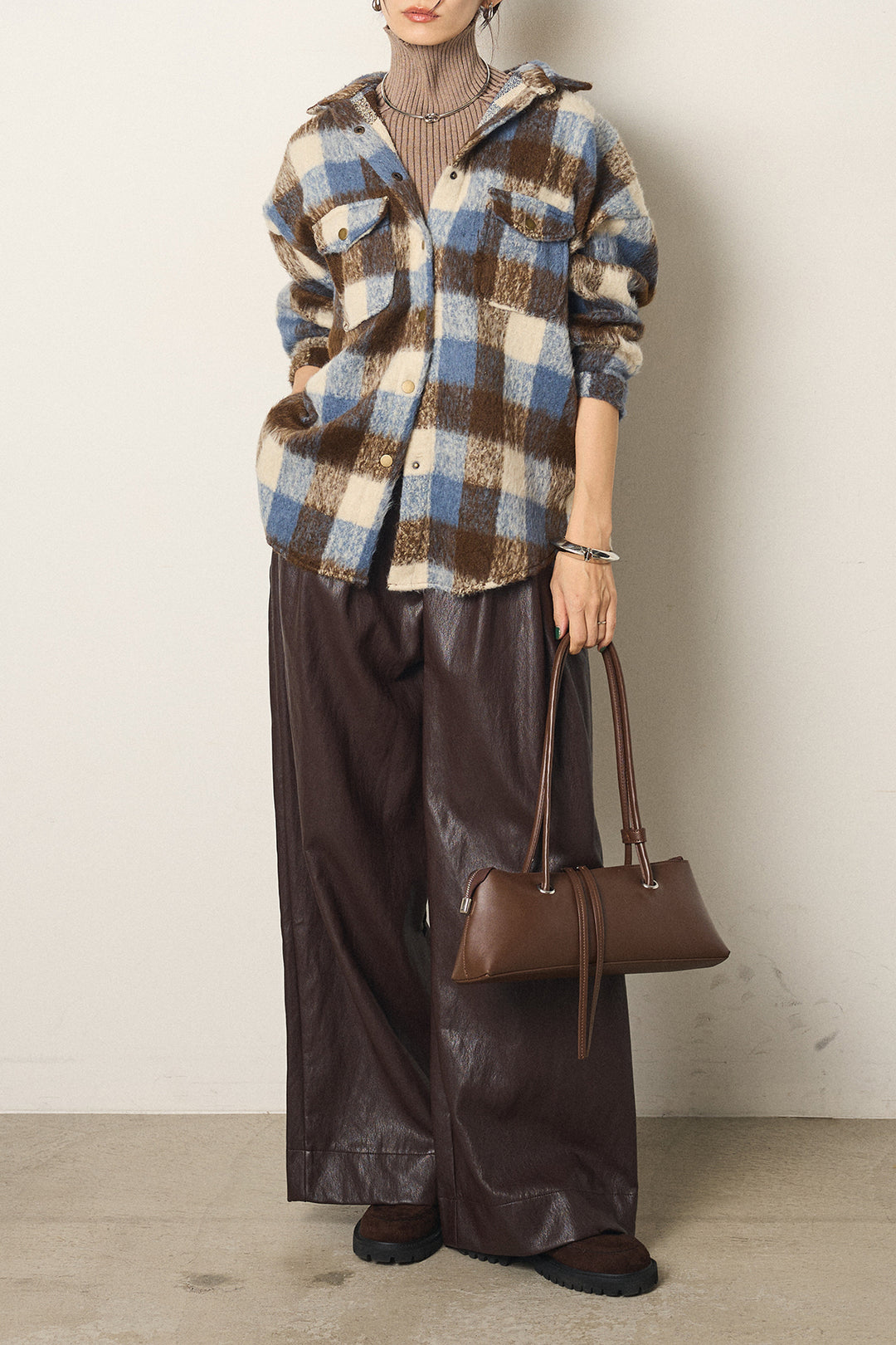 [SET]起毛チェック柄ポケットアウター+ベルト付きレザーライクタックパンツ(2set)