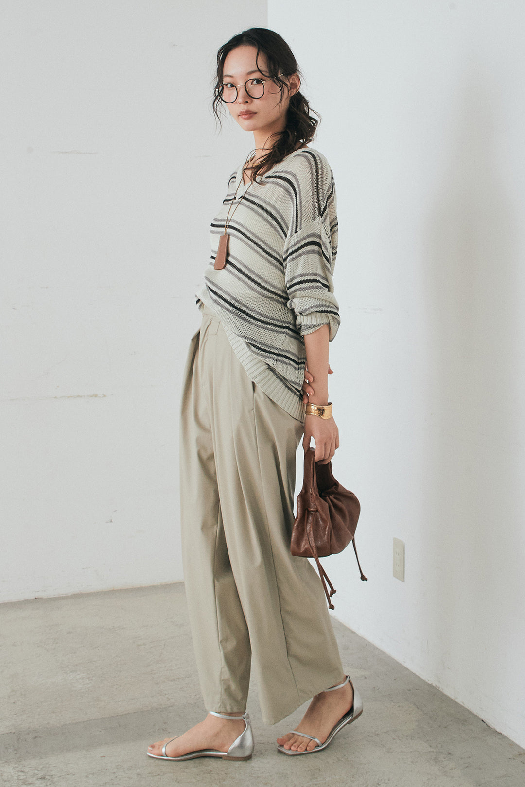 [SET]綿タッチVネックボーダートップス+ウォッシャブルエコレザータックパンツ(2set)