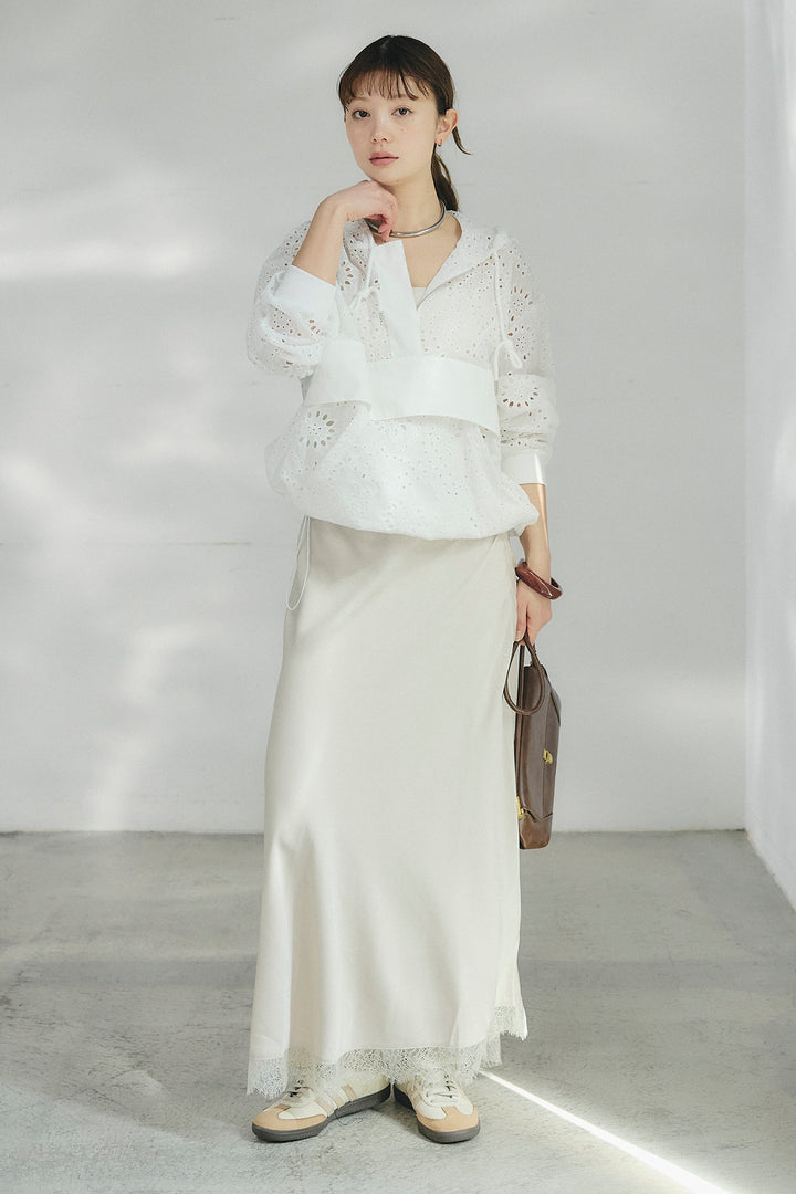 [SET]レースハーフジップアップフーディー+バイアスナローサテンスカート(2set)