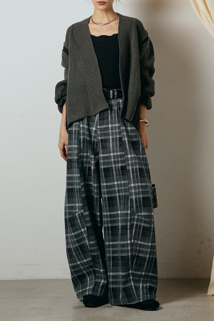 [SET]キルティング切り替えニットカーディガン+ベルト付きタータンチェックカーブワイドパンツ(2set)