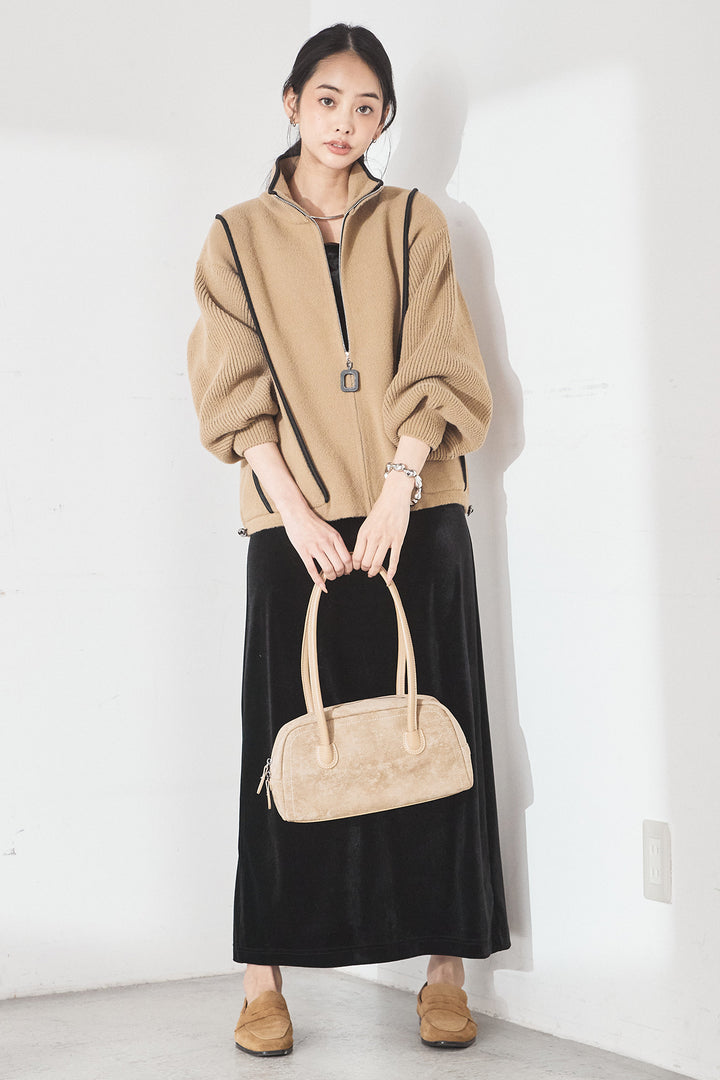 [SET]ハイネックパイピングデザインブルゾン+ベロアバレエネックワンピース(2set)