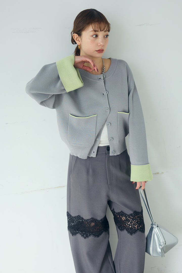 [SET]レーヨンポリダブルフェイスカーディガン+レース刺繍切替ワイドパンツ(2set)