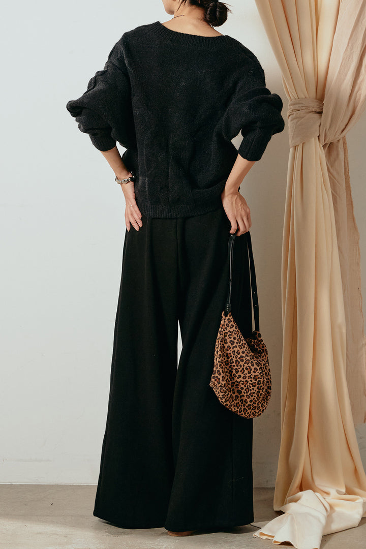 [SET]ケーブルカシュクールニットトップス+フェイクレザー太ベルト付きタックワイドパンツ(2set)