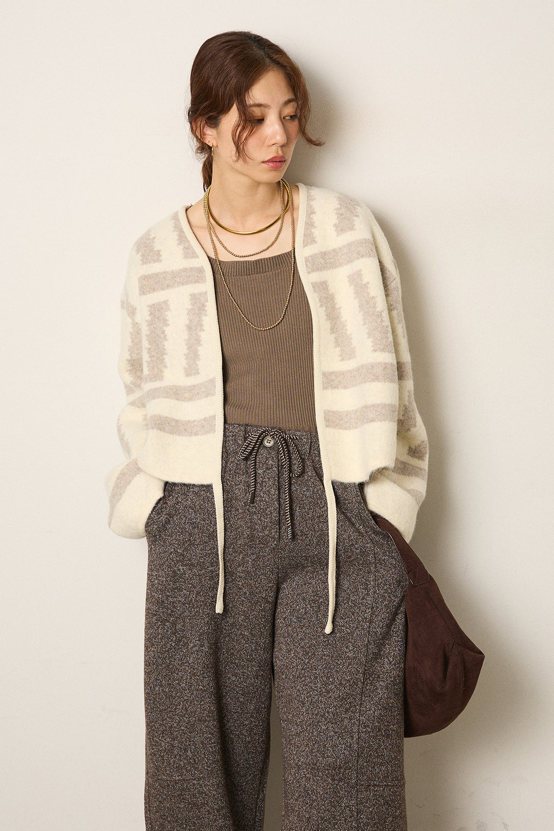 [SET]幾何学柄ノーカラーカーディガン+杢ニットフレアパンツ(2set)
