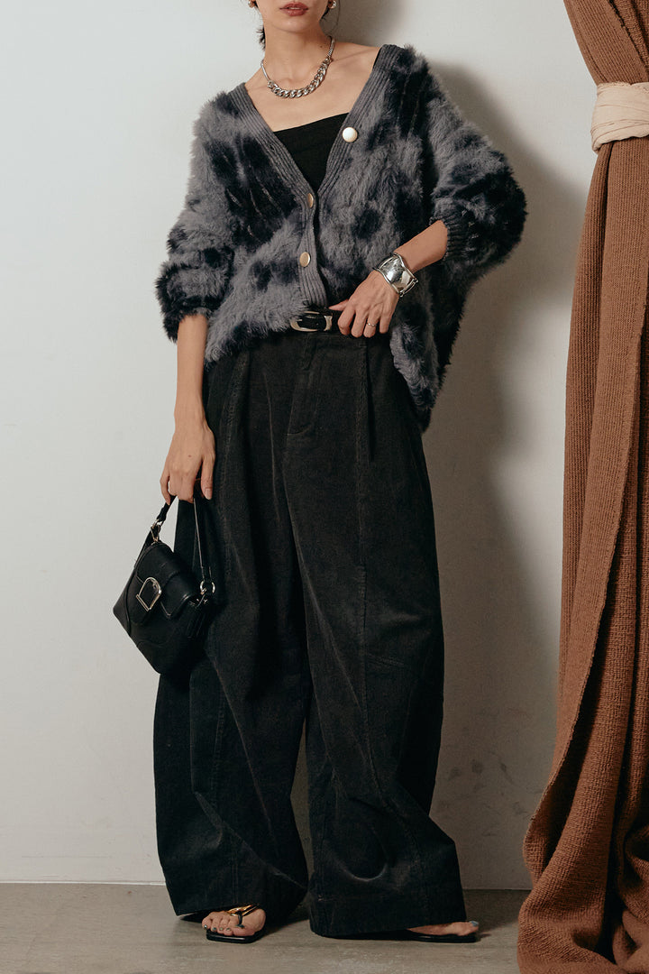 【着回しセット】[SET]タイダイ柄シャギーニットカーディガン+タック入りコーデュロイワイドパンツ+タイダイ柄シャギーニットカーディガン(3set)