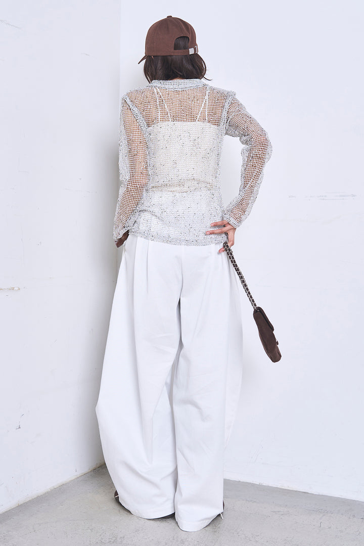 [SET]ネップメッシュポロ襟カーディガン+紐ベルト付きカーブワイドパンツ(2set)