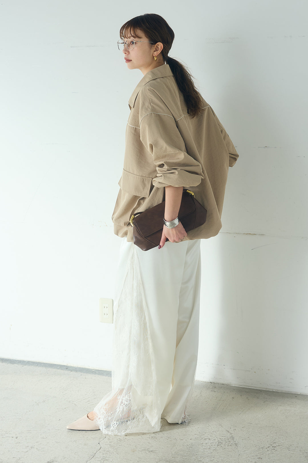 [SET]合繊ツイルバルーンジャケット+サテンレース切り替えタックパンツ(2set)