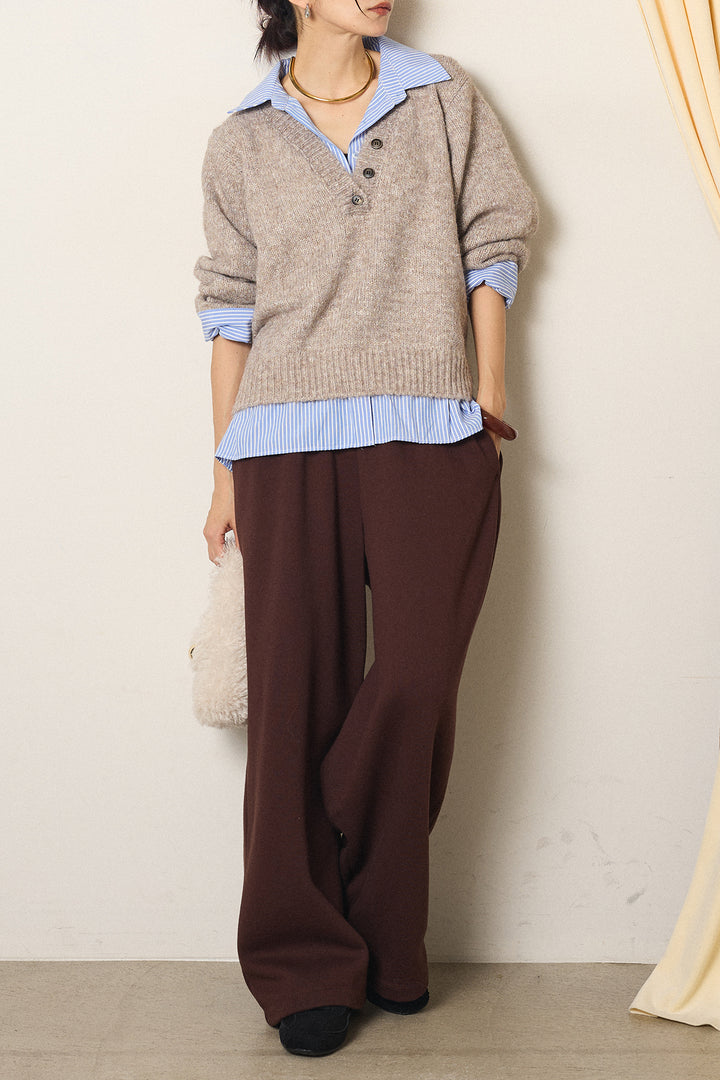 [SET]ストライプシャツドッキングニットポロトップス+裏起毛スウェットワイドパンツ(2set)
