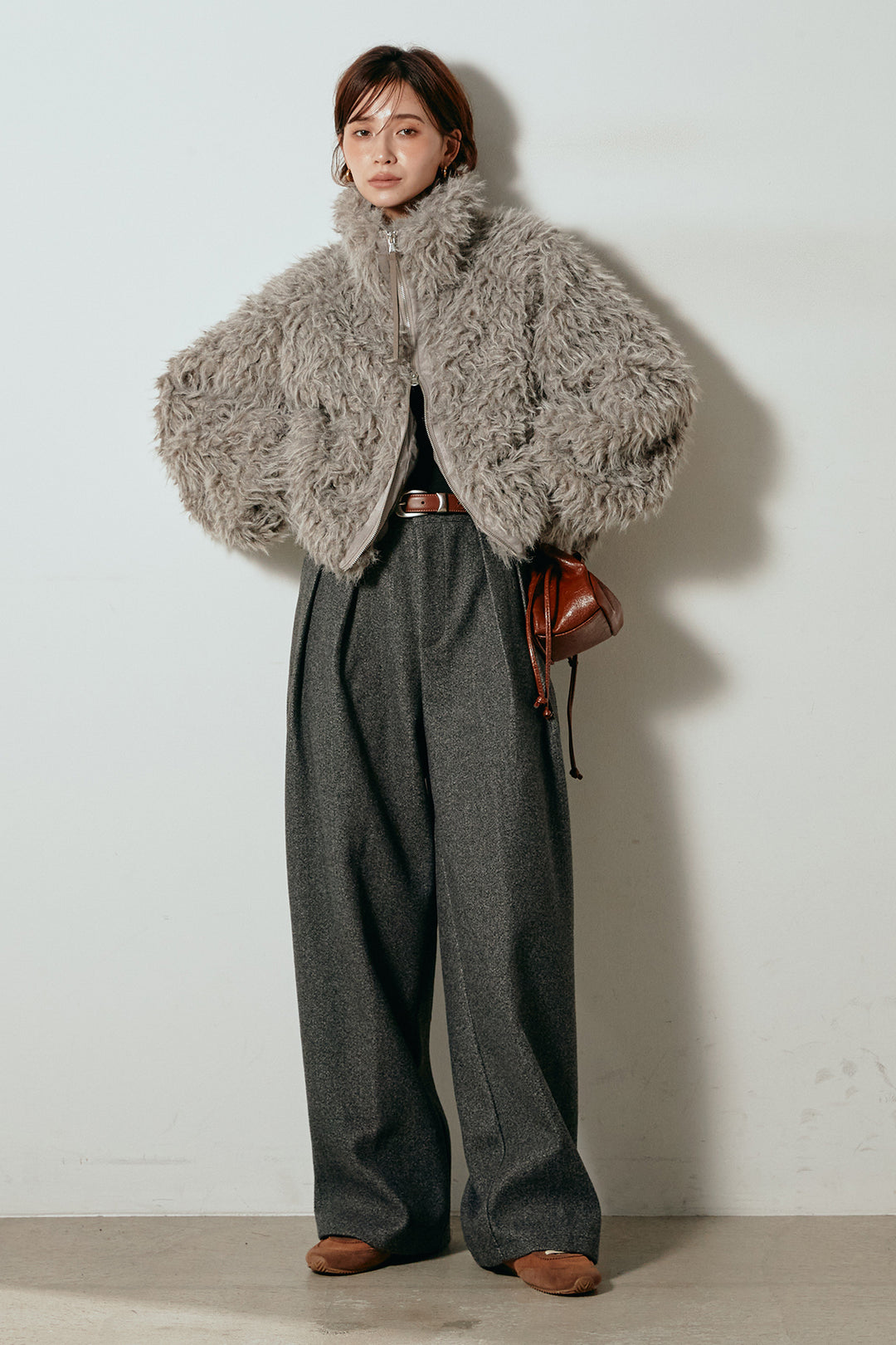 [SET]ミックスシープファースタンドブルゾン+フェイクウールタックトラウザーズパンツ(2set)