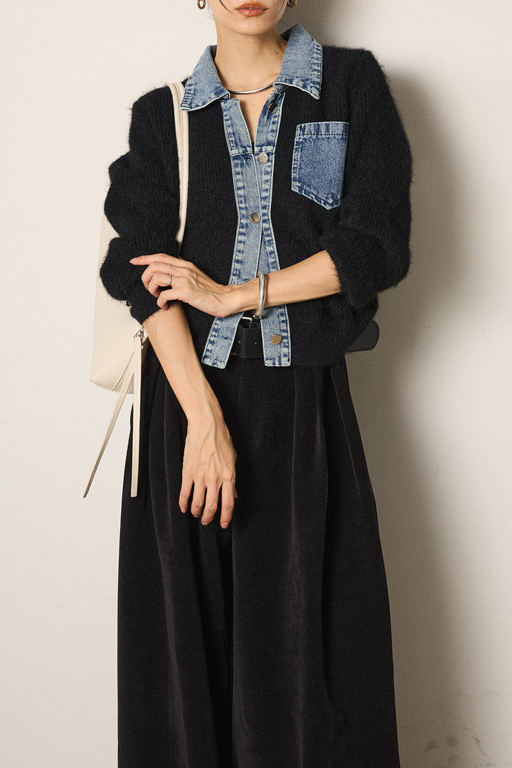 [SET]襟付きデニム切替ニットカーディガン+ベルトループコーデュロイワイドパンツ(2set)