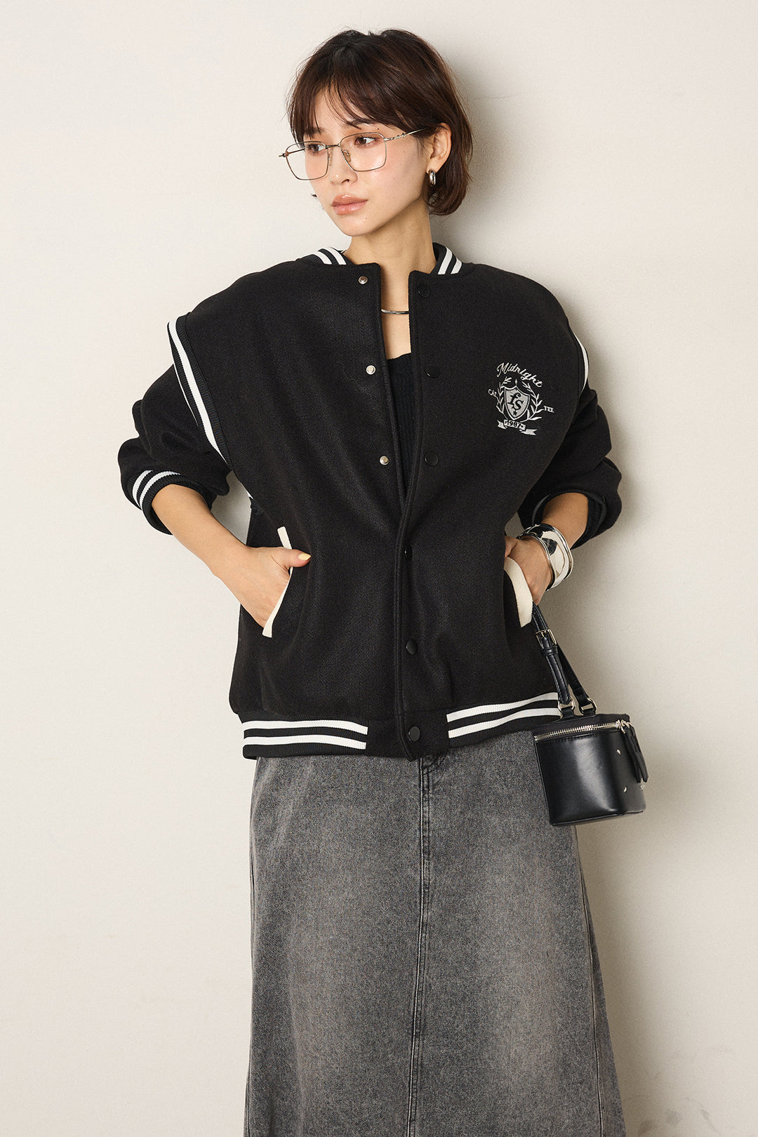 [SET]ワンポイントデザインブルゾン+デニムロングフレアスカート(2set)