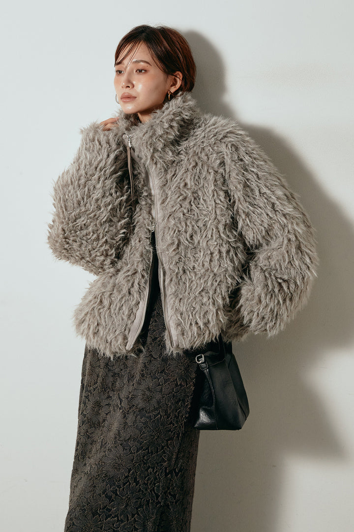 [SET]ミックスシープファースタンドブルゾン+花柄刺繍ベロアフレアスカート(2set)