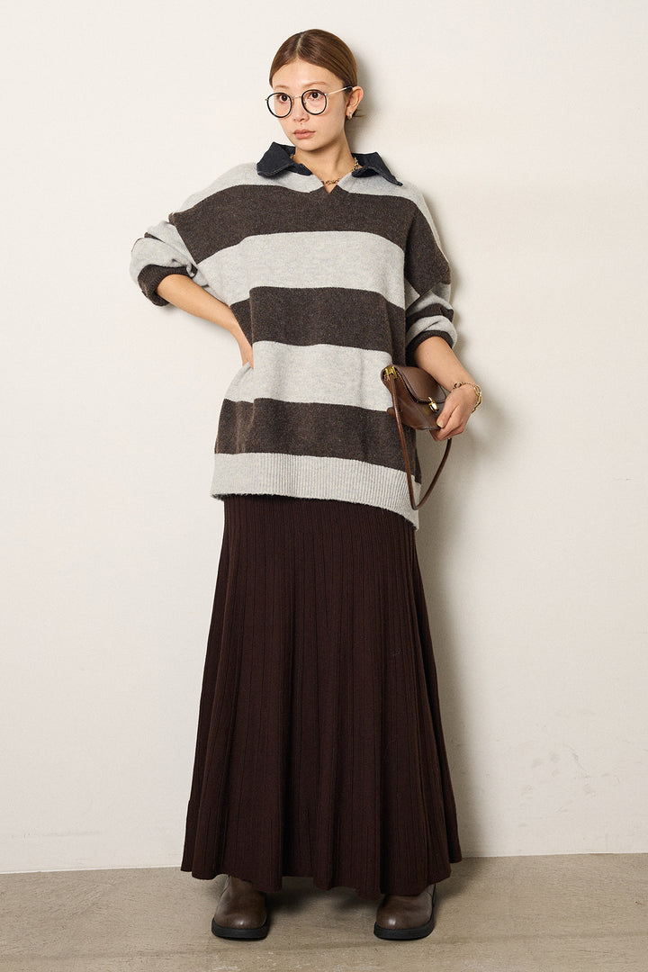 [SET]デニムカラーボーダールーズニット+編み地切り替えフレアニットスカート(2set)