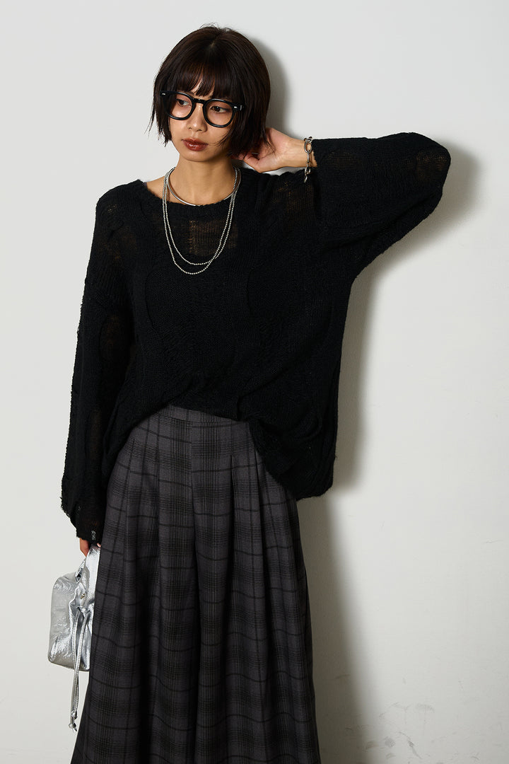 [SET]パターンモヘアローゲージニットプルオーバー+タータンワイドチェックパンツ(2set)