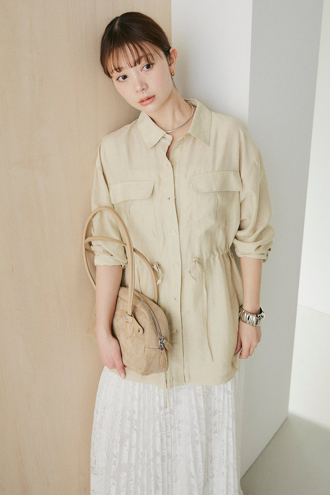 [SET]リネンブレンドシアーサファリシャツ+リラックスプリーツスカート(2set)