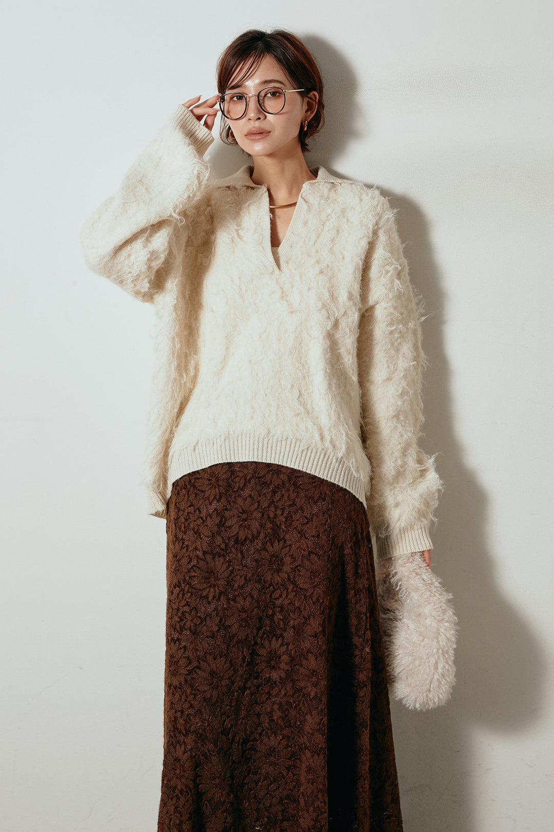 [SET]襟付きシャギーニットポロトップス+花柄刺繍ベロアフレアスカート(2set)