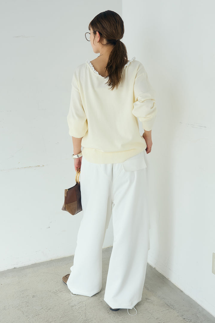 [SET]クールクール異素材コンビオフショルプルオーバー+ランダムタックデザインワイドパンツ(2set)