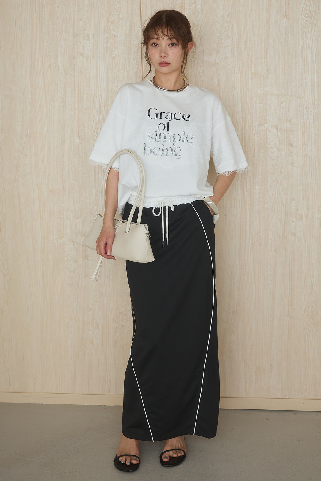 [SET]レースロゴプリントTシャツ+ミニ裏毛ストレートスカート(2set)