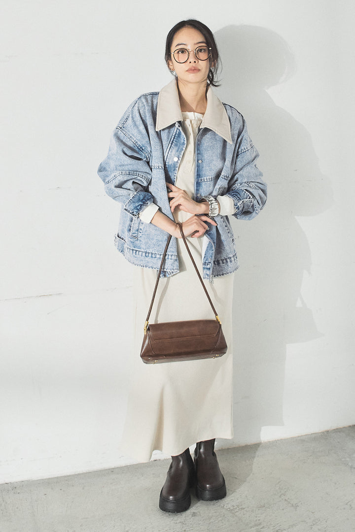 [SET]加工デニムレザー襟付きデニムブルゾン+カットリブレイヤードヘンリーネックワンピース(2set)