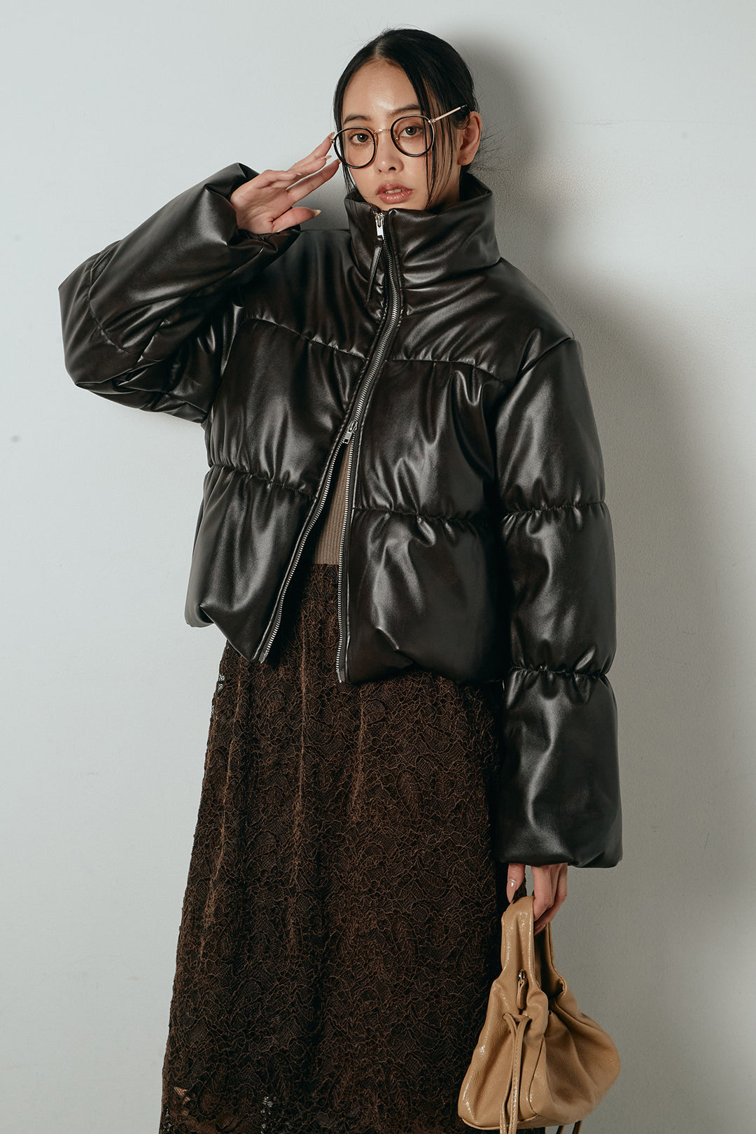 レザーライクWジップスタンドカラー中綿ブルゾン