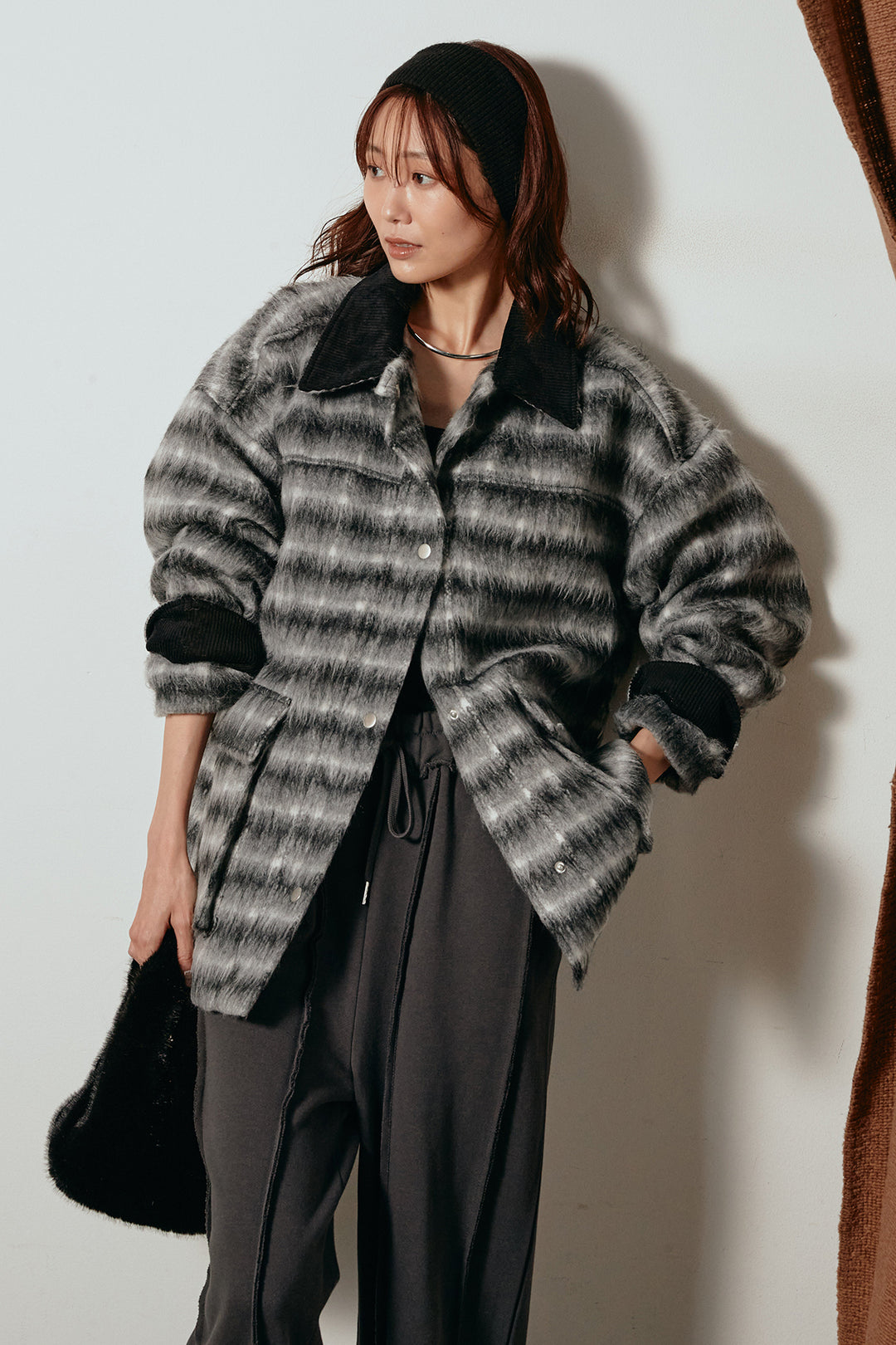 [SET]チェックシャギーミドルカバーオール+フロントラインデザインワイドスウェットパンツ(2set)