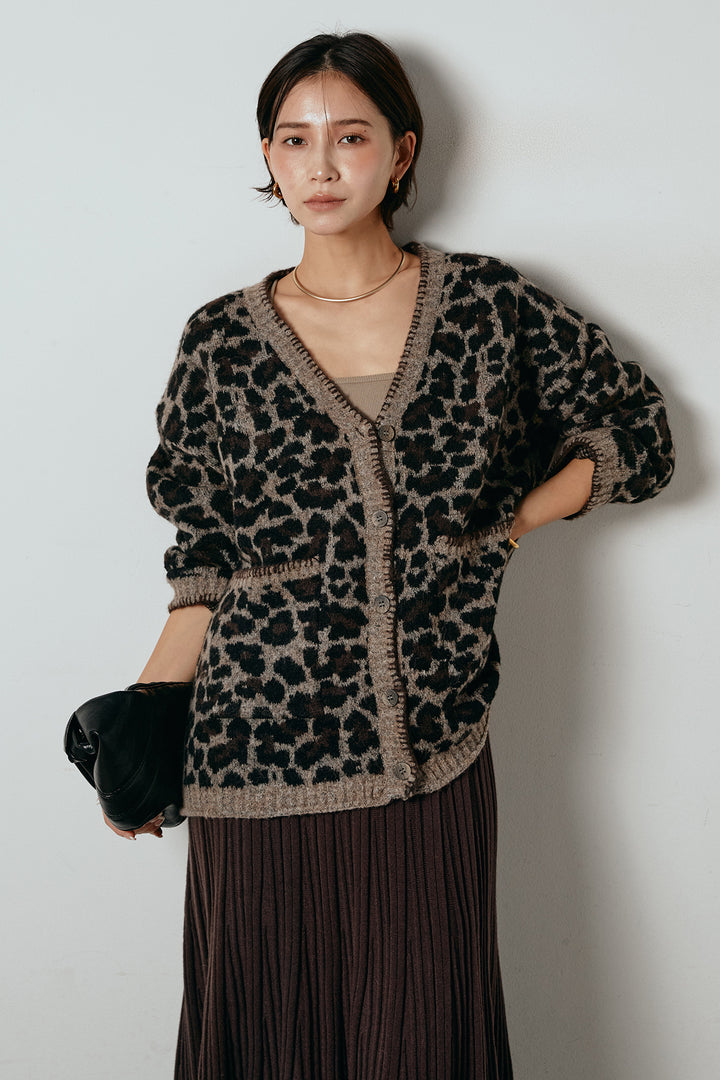 [SET]ステッチデザインレオパードニットカーディガン+リブニットフレアスカート(2set)