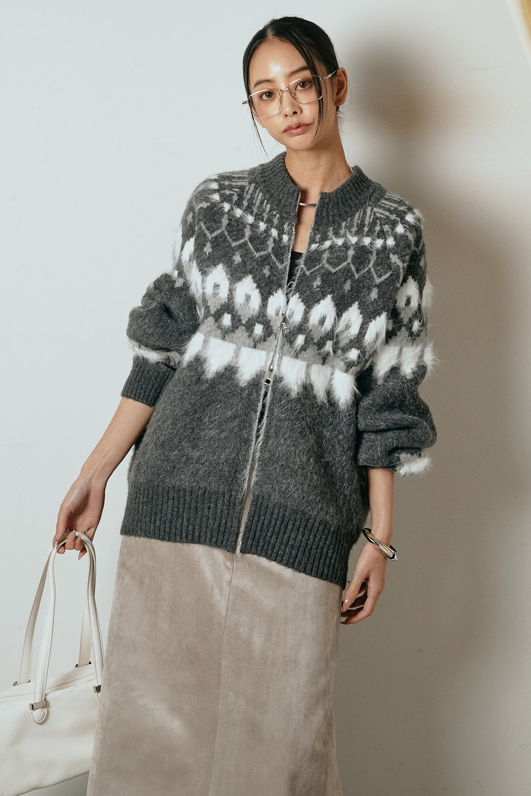 [SET]起毛ダブルジップパターンニットカーディガン+エコスウェードワイドスカート(2set)