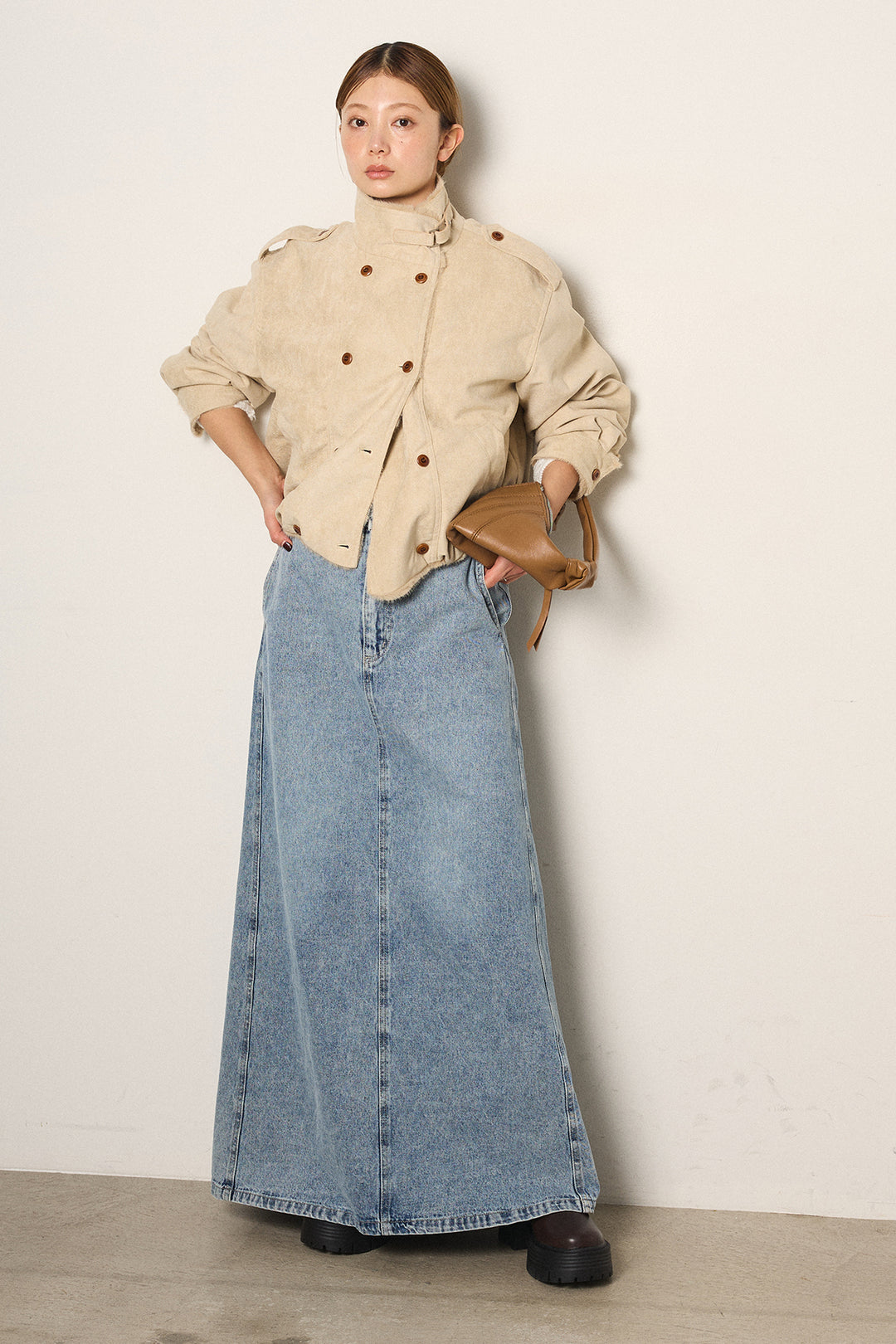 [SET]スタンド襟スウェードライクアウター+デニムロングフレアスカート(2set)