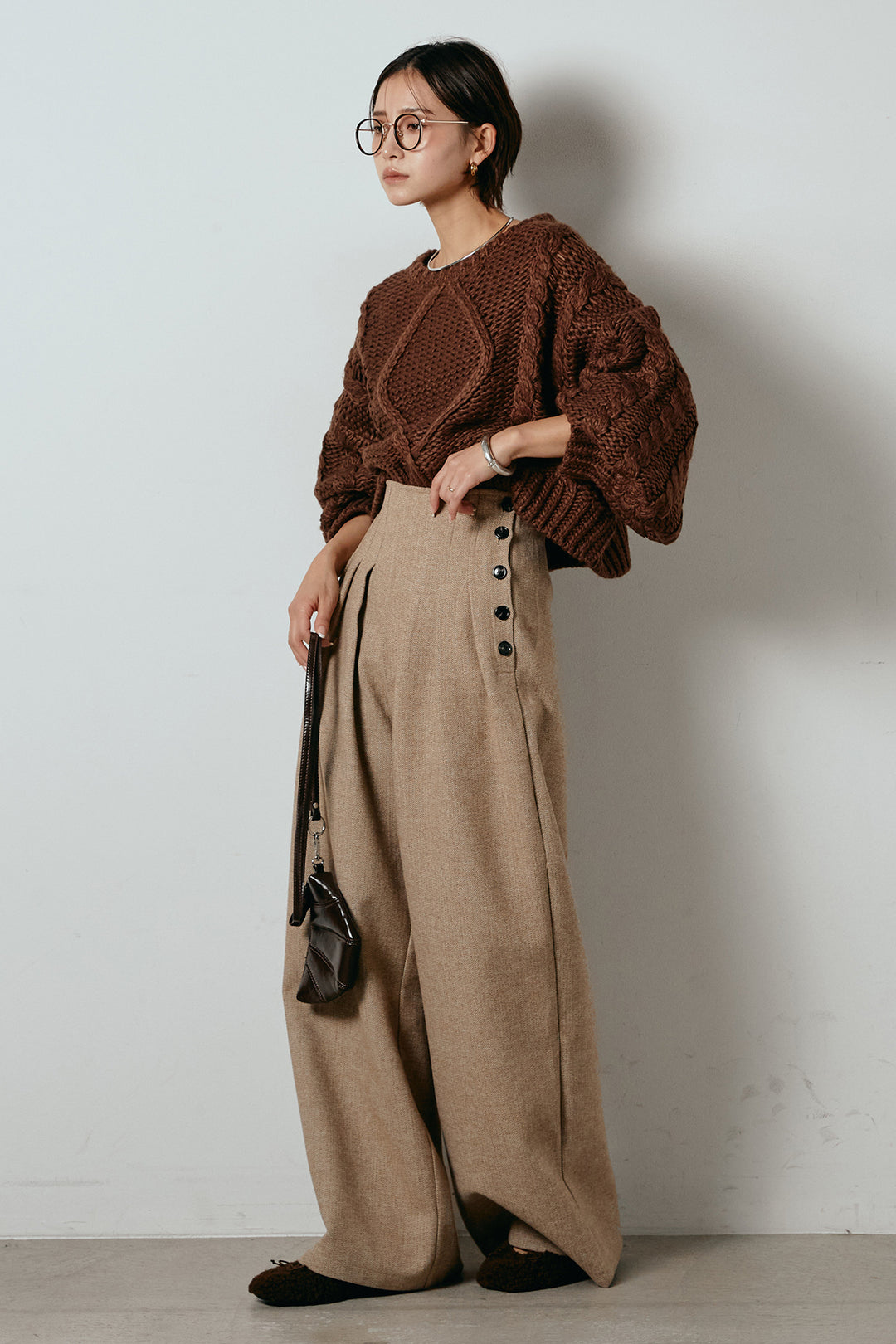 [SET]ロービングケーブルショート丈プルオーバー+サイドボタンツイードタックパンツ(2set)