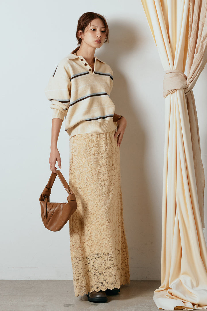 [SET]襟付きマルチボーダーニットポロトップス+花柄刺繍ベロアフレアスカート(2set)