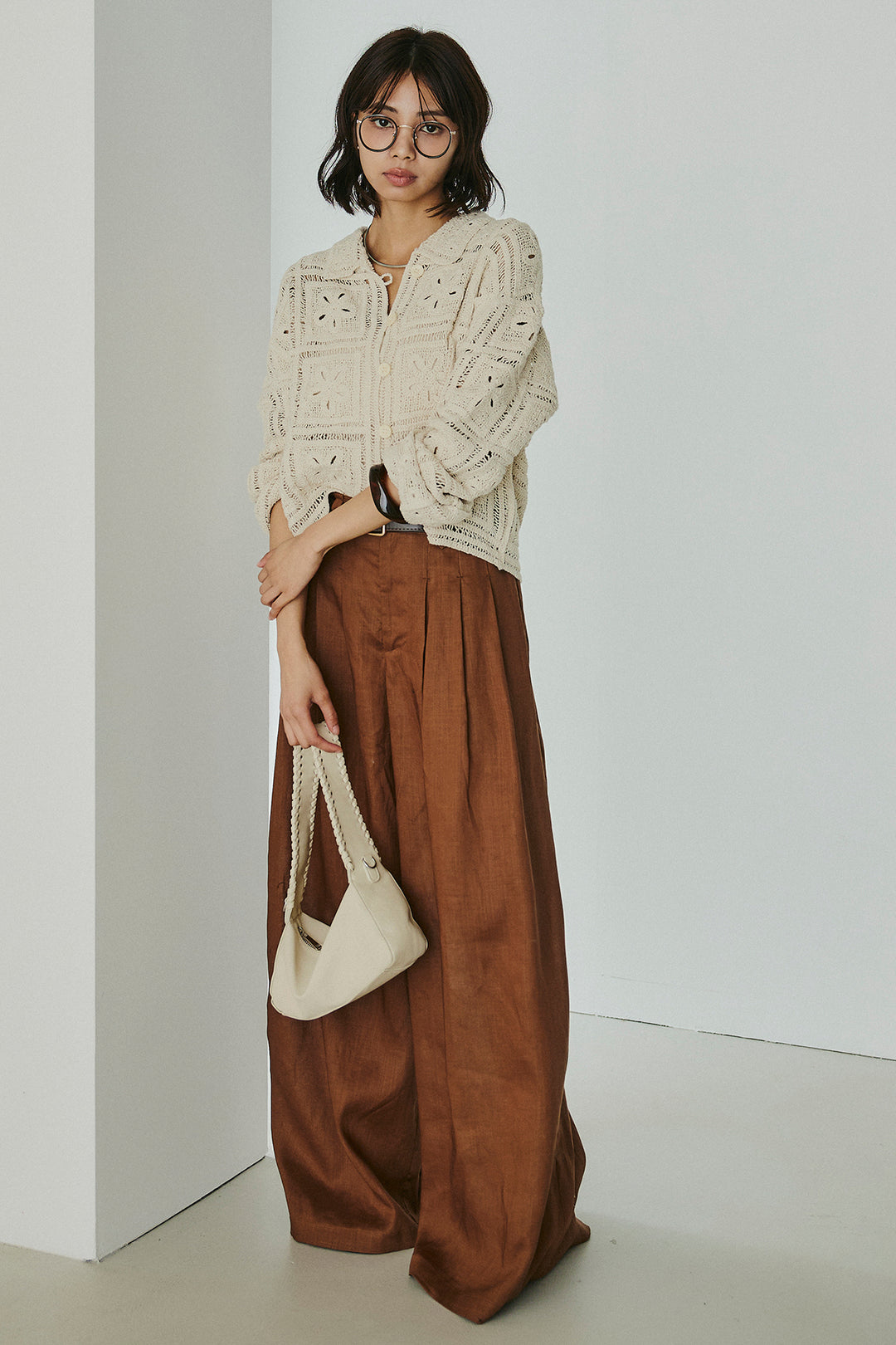 [SET]鍵編みフラワーレースカーディガン+タック入りワイドパンツ(2set)