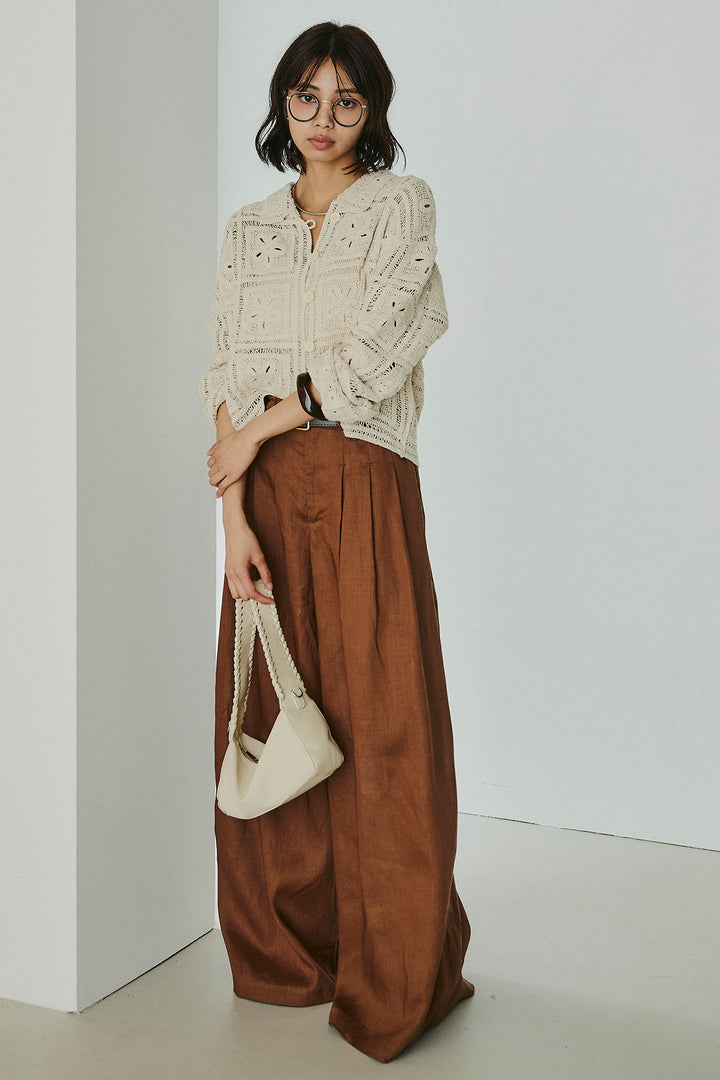 [SET]鍵編みフラワーレースカーディガン+タック入りワイドパンツ(2set)