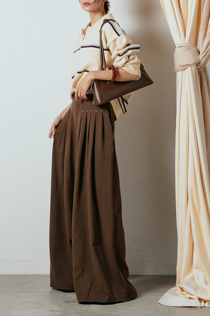 [SET]襟付きマルチボーダーニットポロトップス+ウエストステッチデザインワイドスラックス(2set)