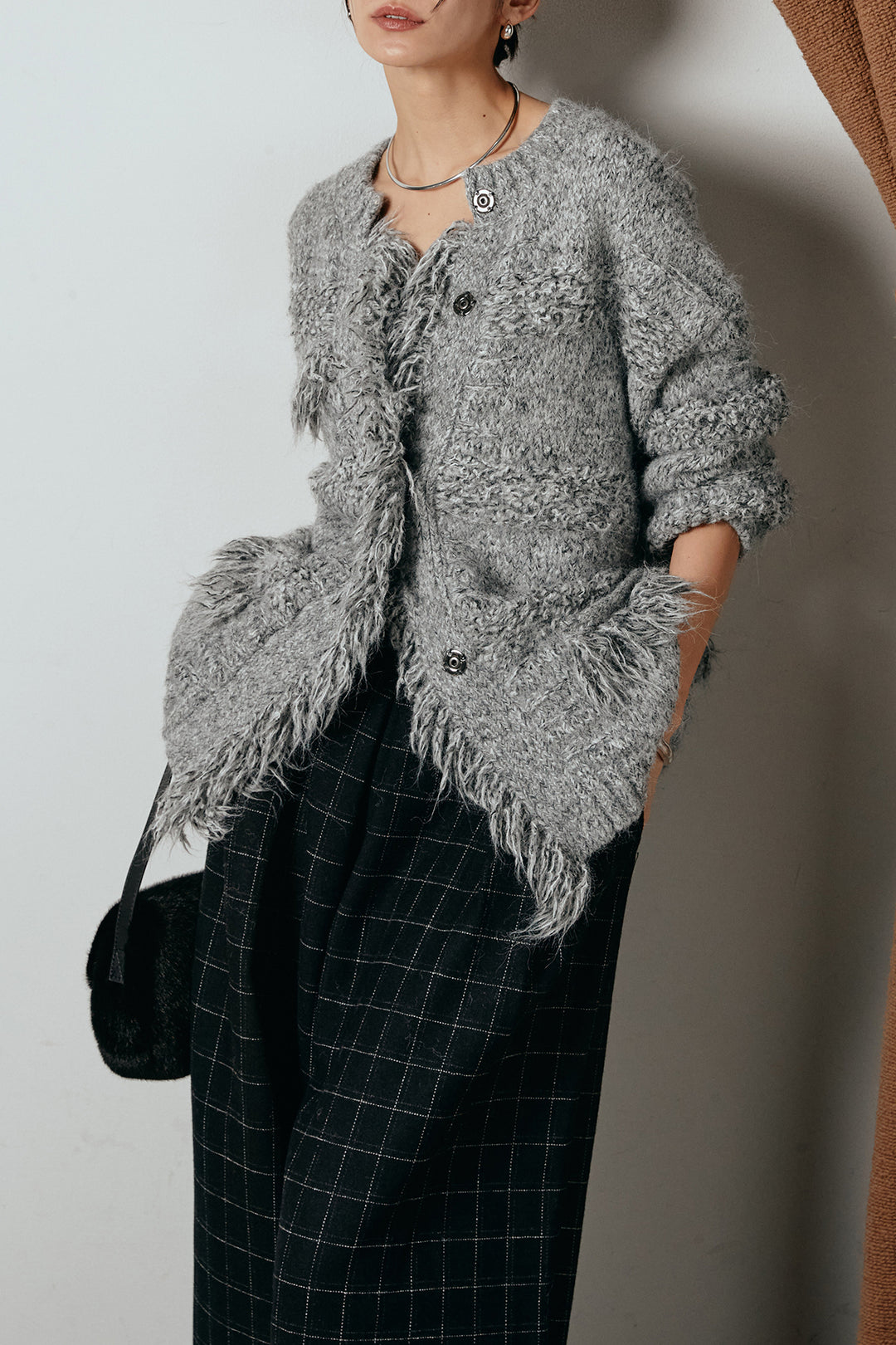 [SET]フリンジニットカーディガン+ウールライクチェックタックパンツ(2set)