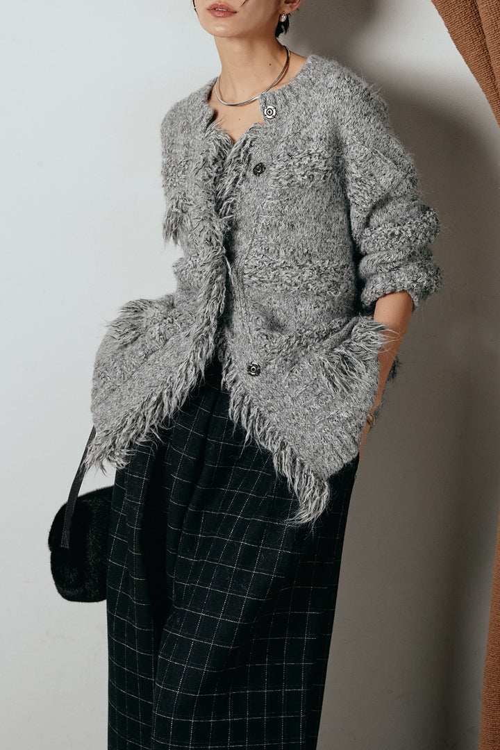 [SET]フリンジニットカーディガン+ウールライクチェックタックパンツ(2set)