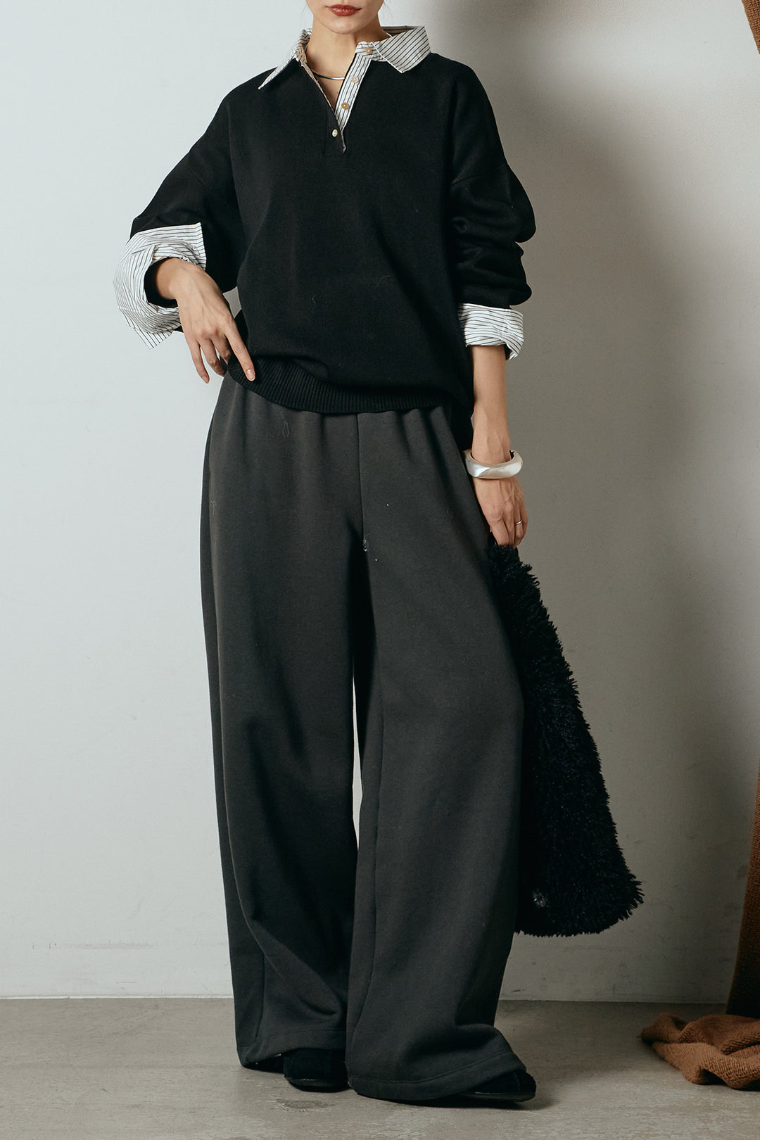 [SET]ストライプシャツドッキングポロトップス+裏起毛スウェットワイドパンツ(2set)