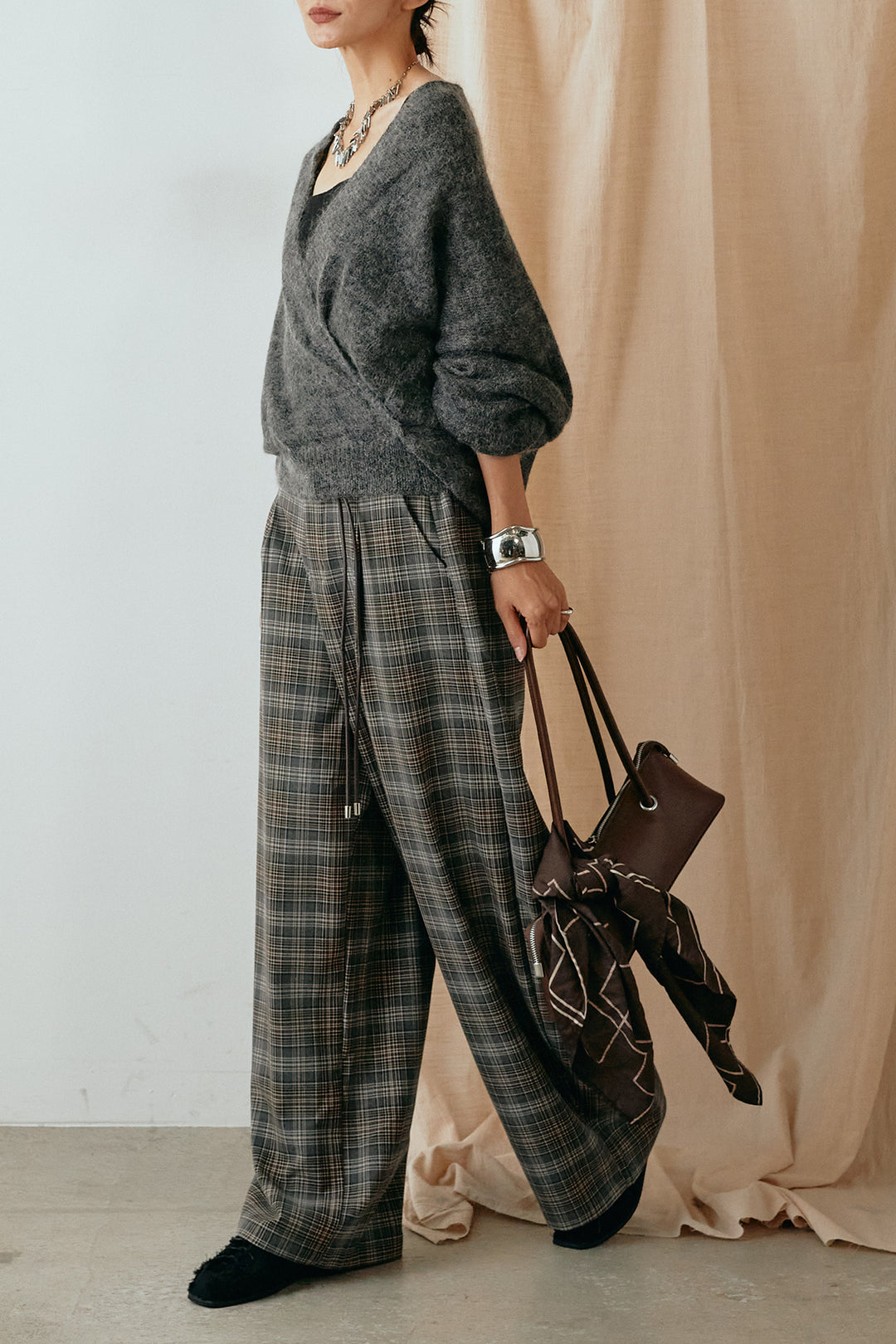 [SET]カシュクールデザインニット+編みベルト付きタータンチェックワイドパンツ(2set)