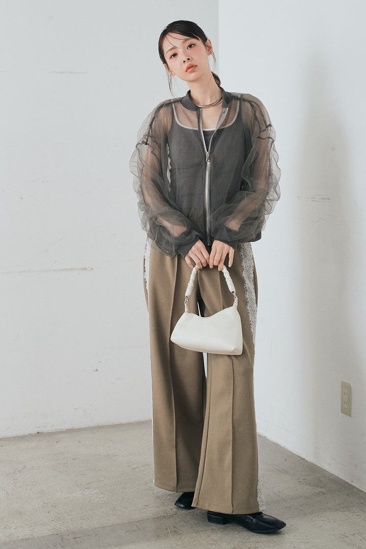 [SET]エアリーチュールスリーブシアーブルゾン+Wフェイスカットソーサイドレースラインパンツ(2set)