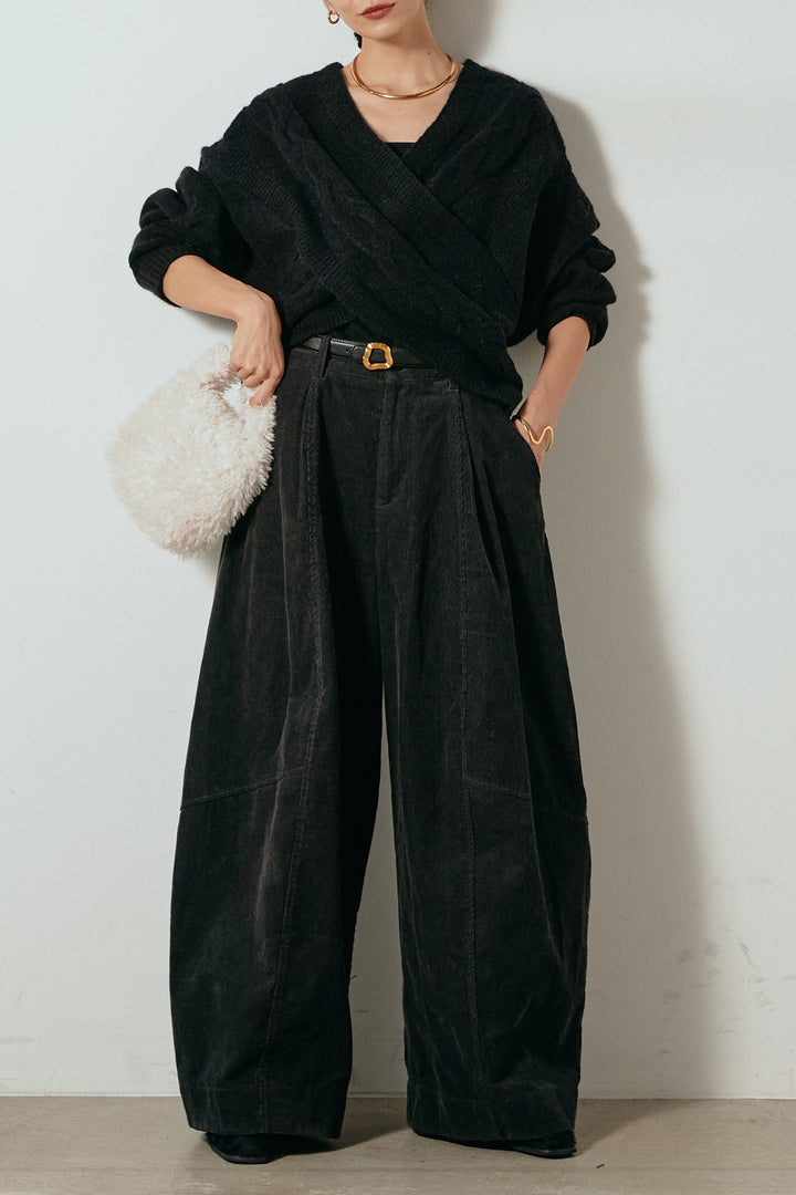 [SET]ケーブルカシュクールニットトップス+タック入りコーデュロイワイドパンツ(2set)