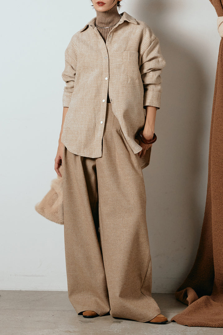[SET]ルーズクラッシュツイルシャツ+サイドボタンツイードタックパンツ(2set)