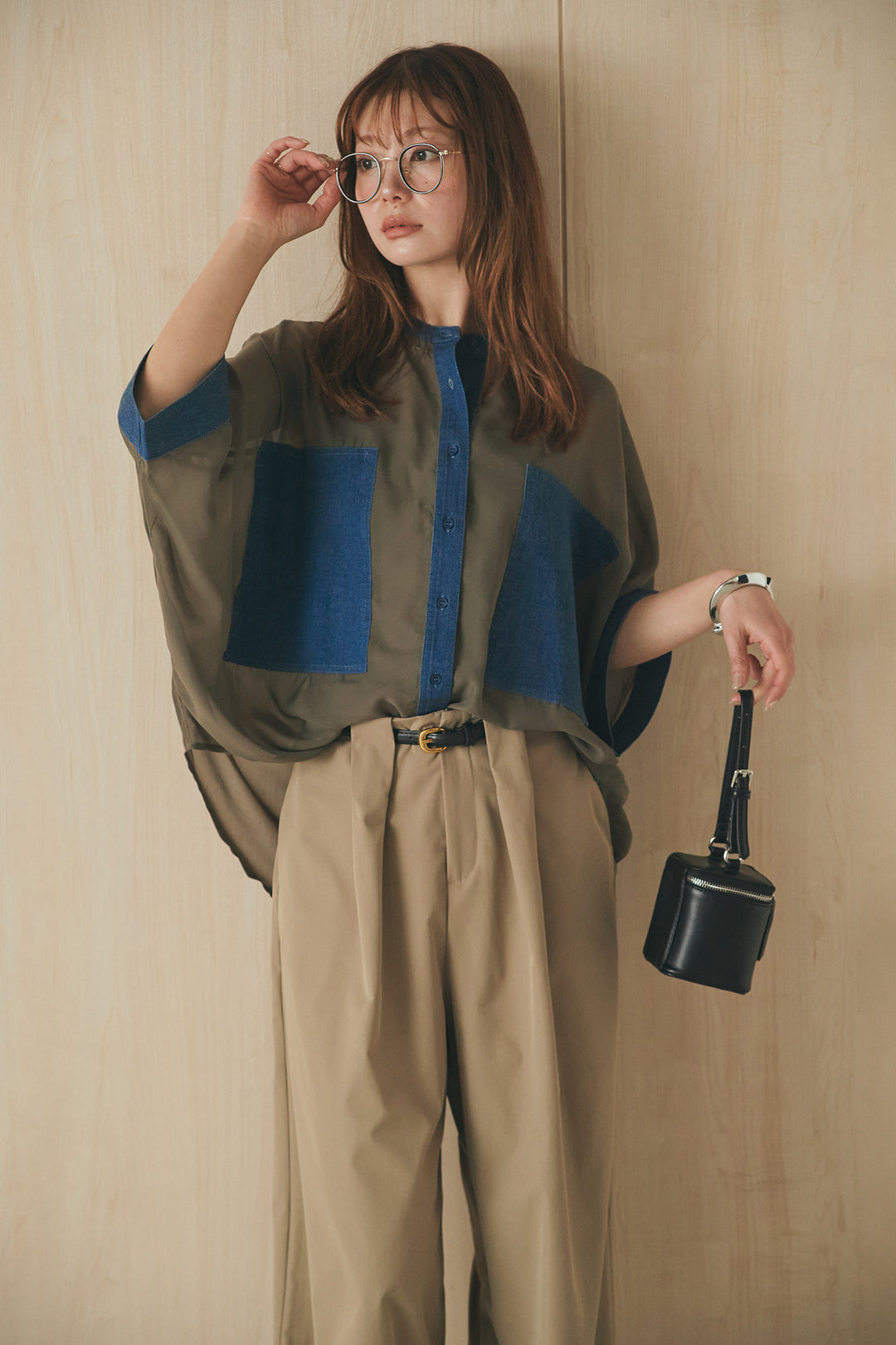 [SET]デニムライクビッグツーポケシアーシャツ+ベルトループデザインハイウエストタックパンツ(2set)