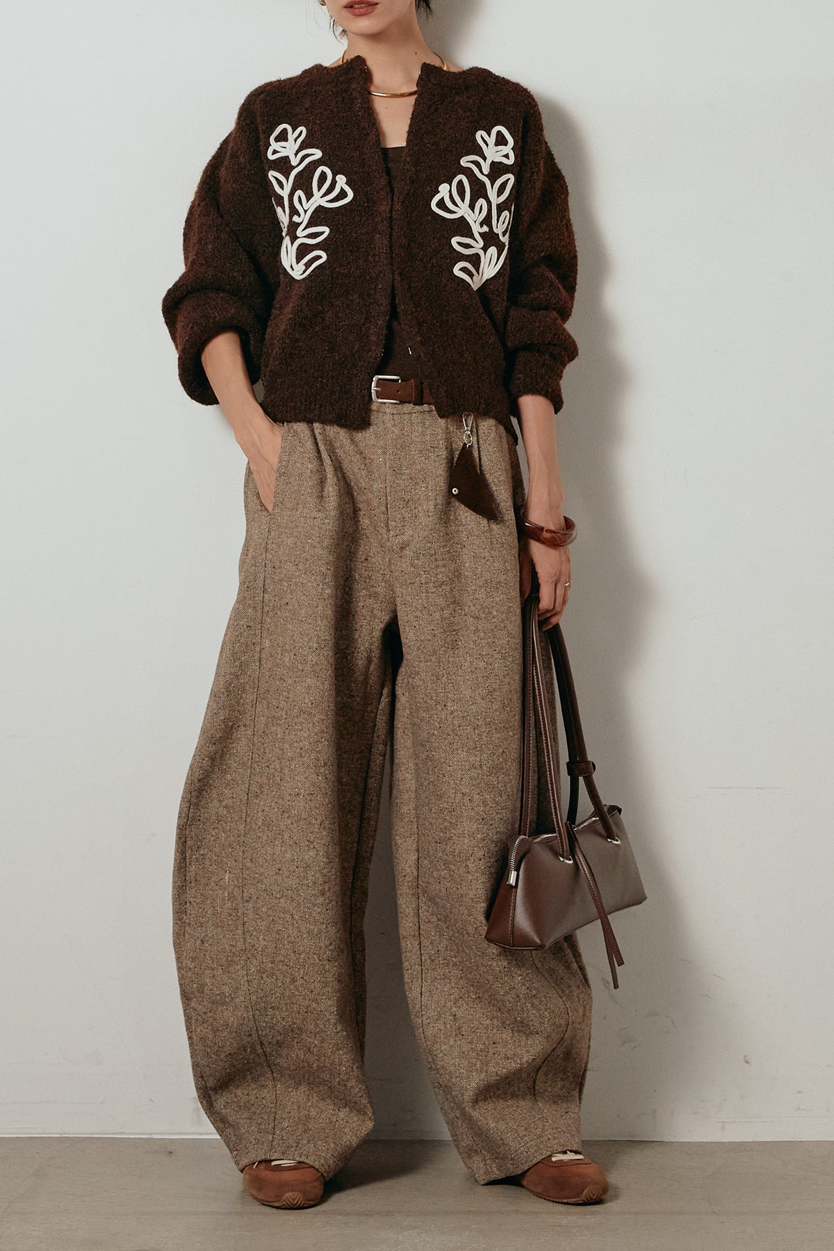 SET]テープ刺繍ニットカーディガン+ベルト付きネップツイード