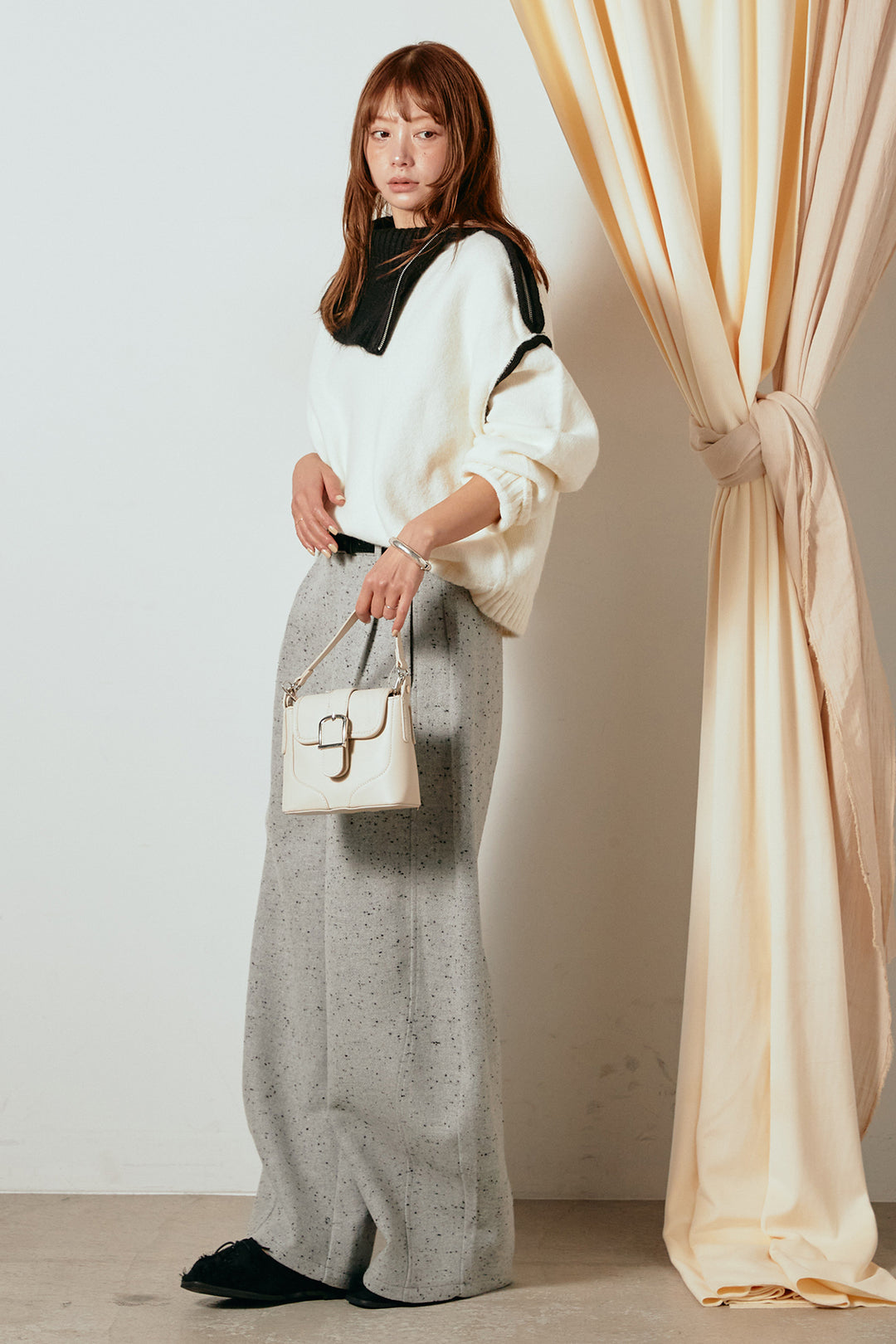 [SET]ハイネックジップデザインニットトップス+ベルト付きネップツイードカーブパンツ(2set)