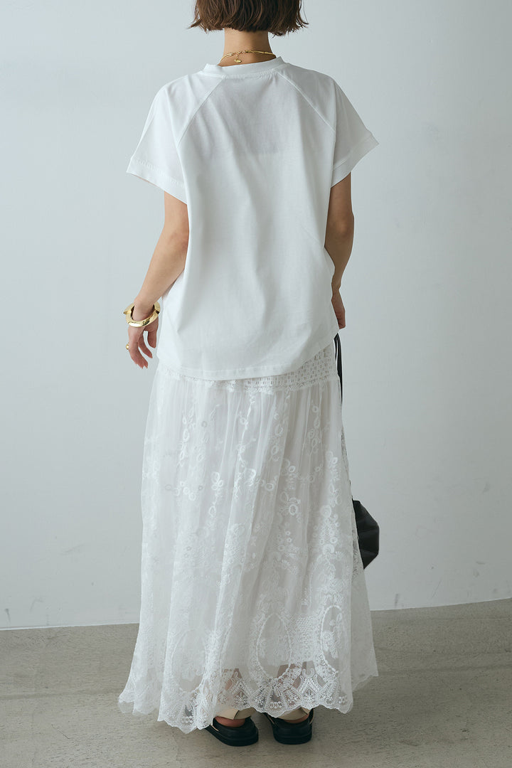 [SET]フォトプリントラグランTシャツ+ミックスレース刺繍スカート(2set)