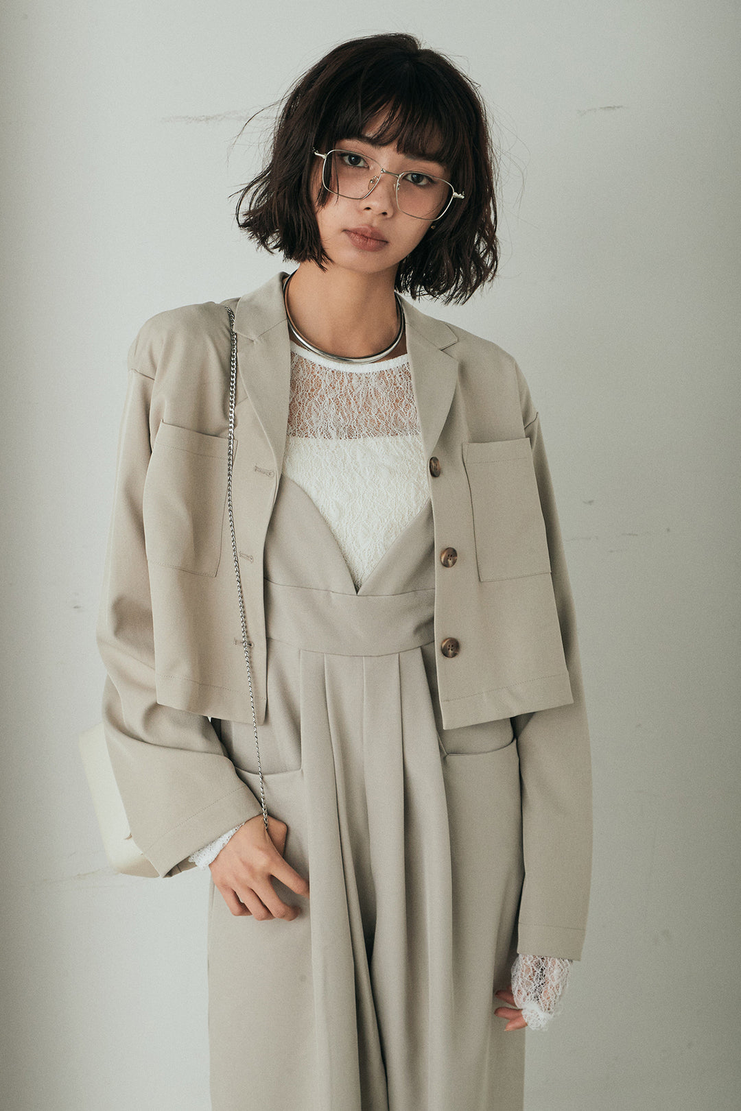 [SET]バックジップデザインショートツイルジャケット+キャミロングオールインワン(2set)