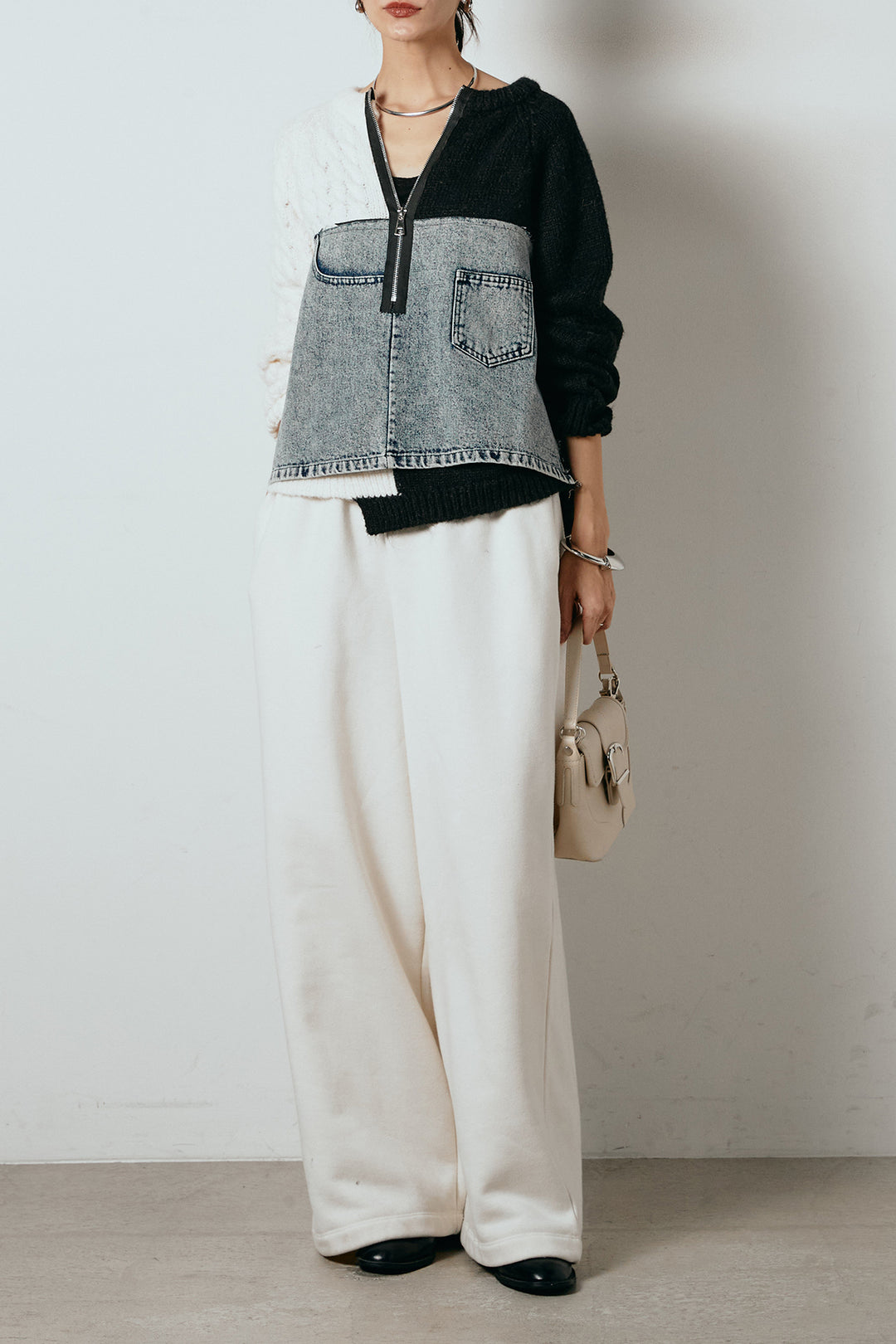 [SET]ハーフジップニットデニムドッキングトップス+裏起毛スウェットワイドパンツ(2set)